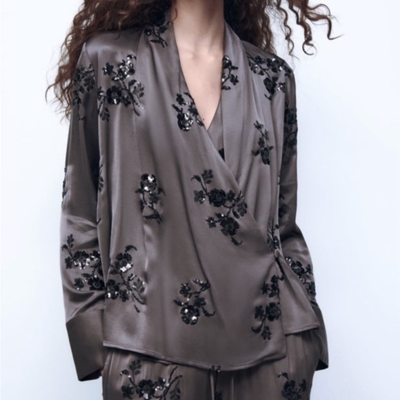 Zara Tops - Zara Black Floral Embellished Blouse